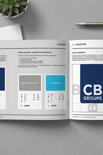 Brochure ouverte de CB Group avec guide d’identité visuelle et maquettes de logo sur un bureau gris.