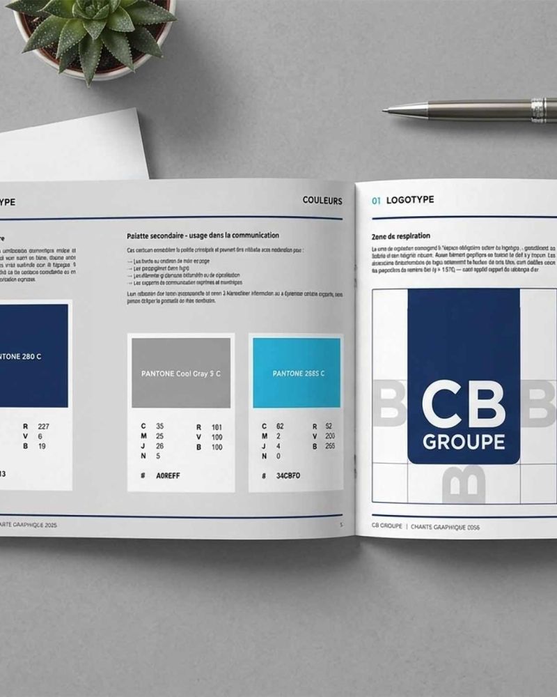 Brochure ouverte de CB Group avec guide d’identité visuelle et maquettes de logo sur un bureau gris.